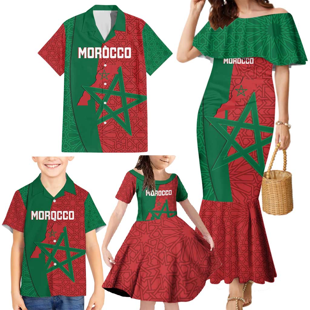 Personalised Morocco Family Matching Mermaid Dress and Hawaiian Shirt Moroccan Green Star With Moorish Pattern - Wonder Print Shop