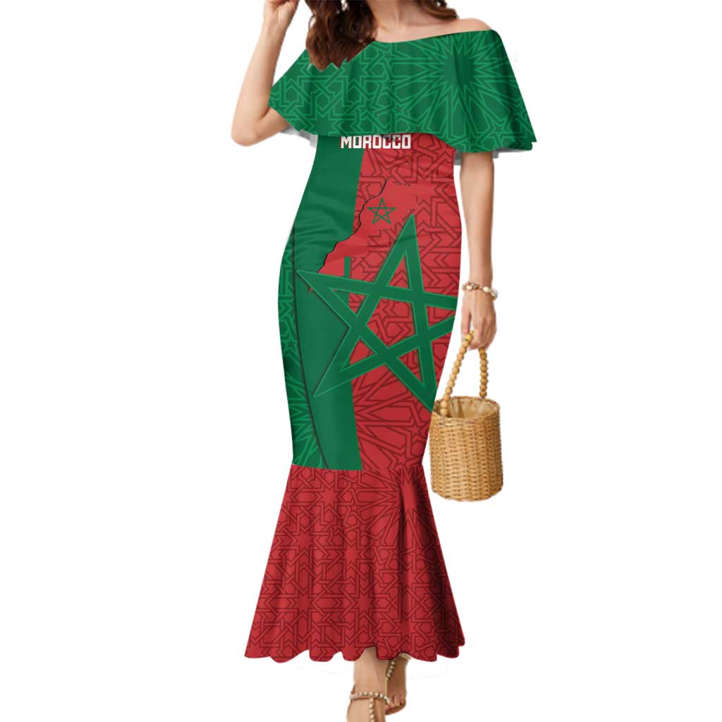 Personalised Morocco Family Matching Mermaid Dress and Hawaiian Shirt Moroccan Green Star With Moorish Pattern - Wonder Print Shop