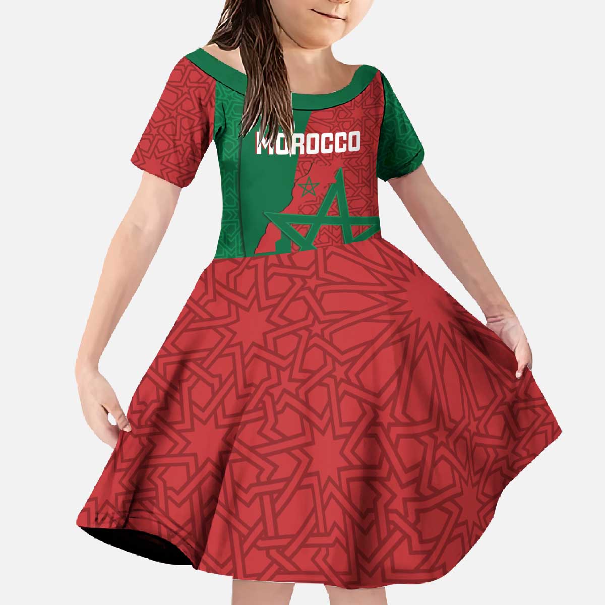 Personalised Morocco Family Matching Off The Shoulder Long Sleeve Dress and Hawaiian Shirt Moroccan Green Star With Moorish Pattern - Wonder Print Shop