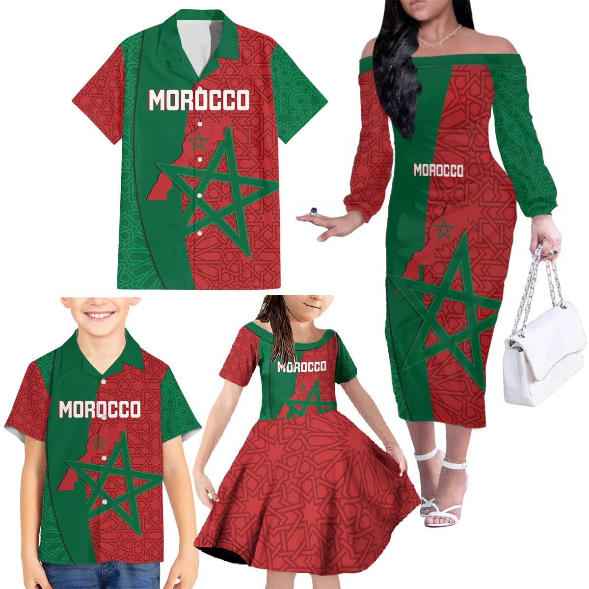 Personalised Morocco Family Matching Off The Shoulder Long Sleeve Dress and Hawaiian Shirt Moroccan Green Star With Moorish Pattern - Wonder Print Shop