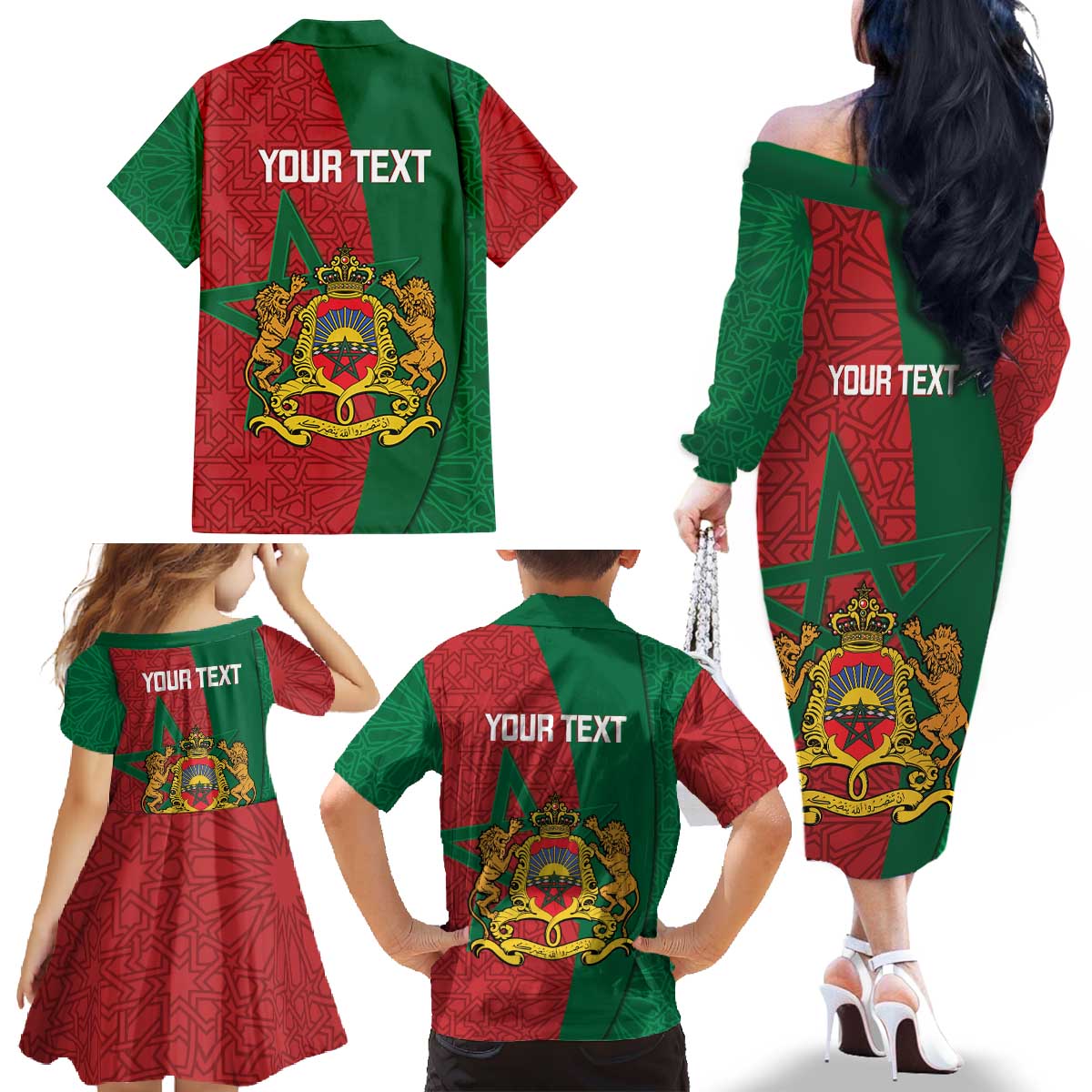 Personalised Morocco Family Matching Off The Shoulder Long Sleeve Dress and Hawaiian Shirt Moroccan Green Star With Moorish Pattern - Wonder Print Shop