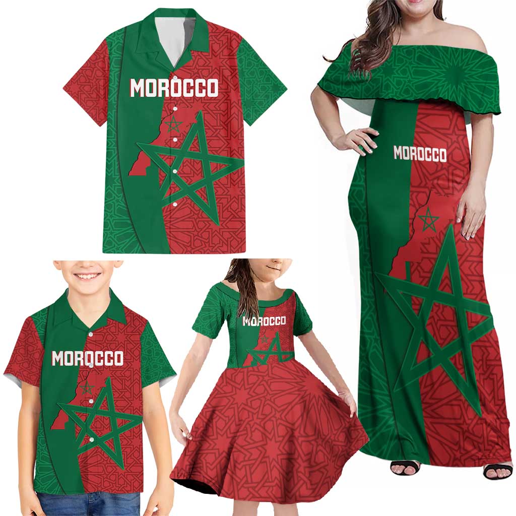 Personalised Morocco Family Matching Off Shoulder Maxi Dress and Hawaiian Shirt Moroccan Green Star With Moorish Pattern - Wonder Print Shop