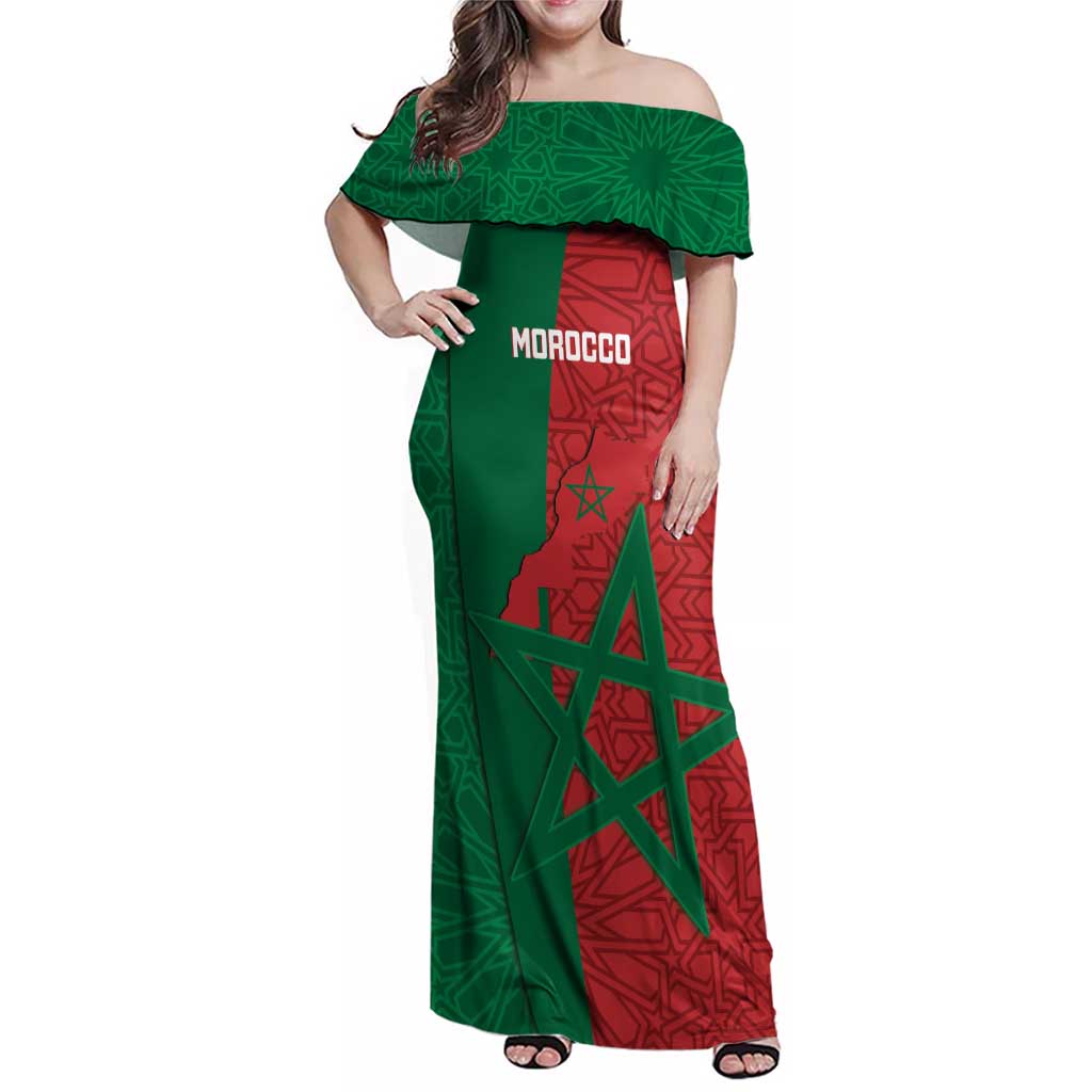 Personalised Morocco Family Matching Off Shoulder Maxi Dress and Hawaiian Shirt Moroccan Green Star With Moorish Pattern - Wonder Print Shop