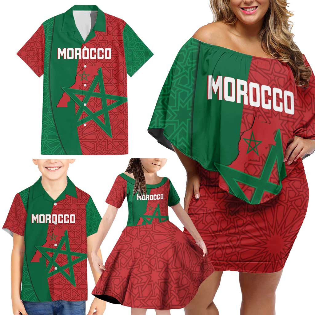 Personalised Morocco Family Matching Off Shoulder Short Dress and Hawaiian Shirt Moroccan Green Star With Moorish Pattern - Wonder Print Shop