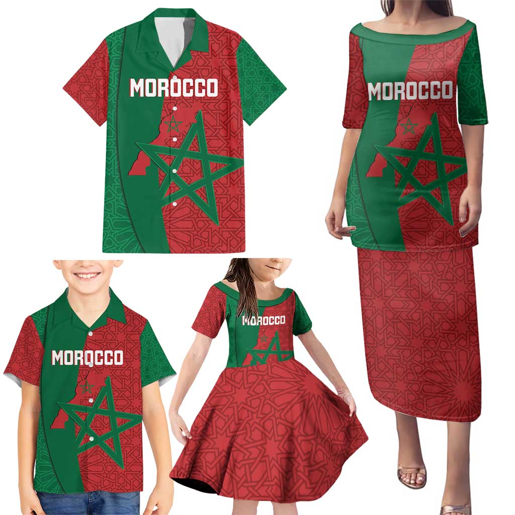 Personalised Morocco Family Matching Puletasi and Hawaiian Shirt Moroccan Green Star With Moorish Pattern - Wonder Print Shop