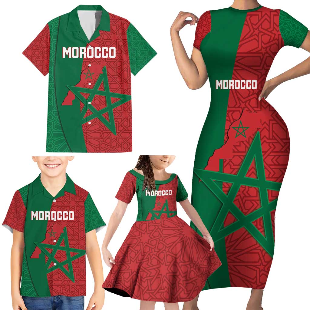 Personalised Morocco Family Matching Short Sleeve Bodycon Dress and Hawaiian Shirt Moroccan Green Star With Moorish Pattern - Wonder Print Shop