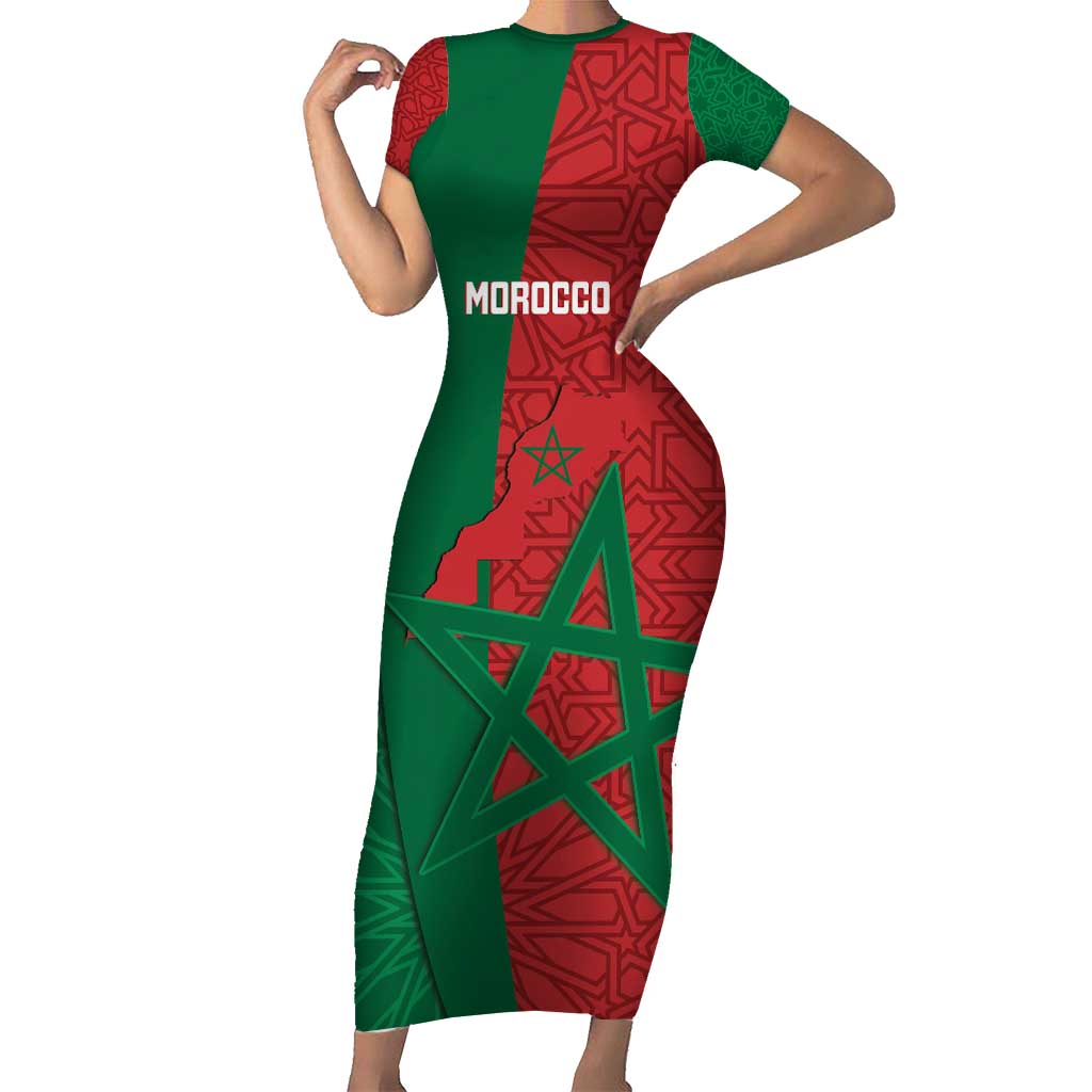 Personalised Morocco Family Matching Short Sleeve Bodycon Dress and Hawaiian Shirt Moroccan Green Star With Moorish Pattern - Wonder Print Shop