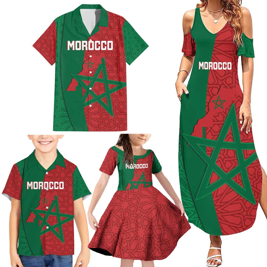 Personalised Morocco Family Matching Summer Maxi Dress and Hawaiian Shirt Moroccan Green Star With Moorish Pattern - Wonder Print Shop