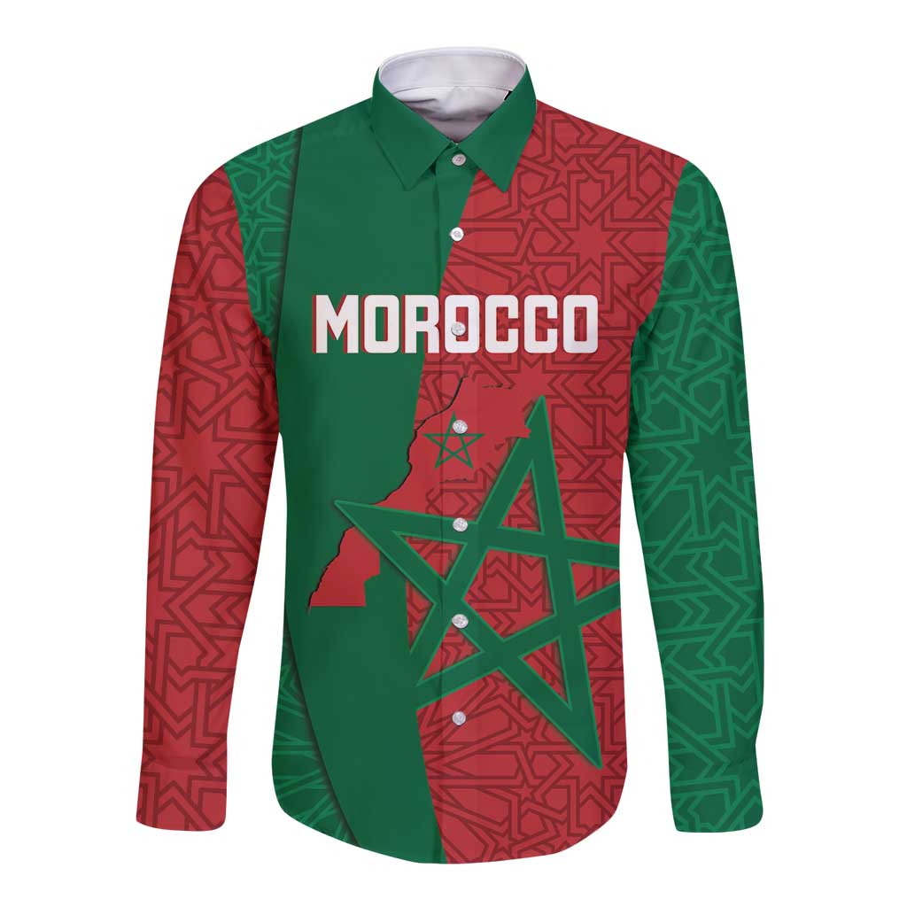 Personalised Morocco Long Sleeve Button Shirt Moroccan Green Star With Moorish Pattern - Wonder Print Shop