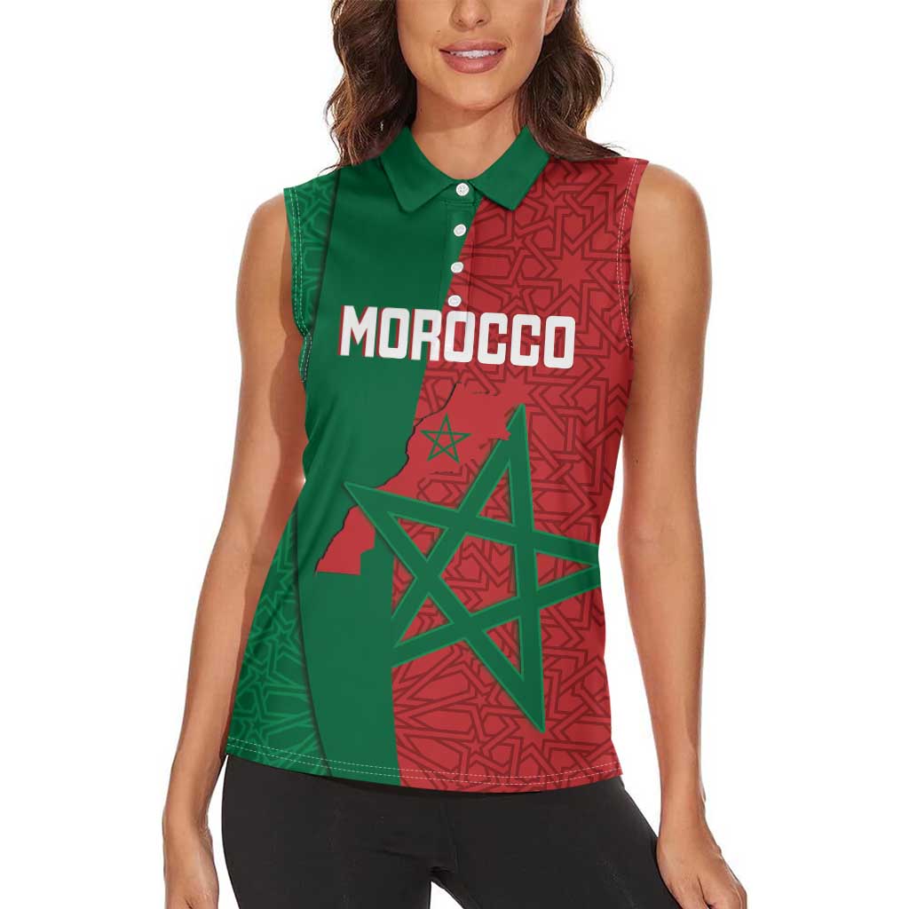 Personalised Morocco Women Sleeveless Polo Shirt Moroccan Green Star With Moorish Pattern - Wonder Print Shop