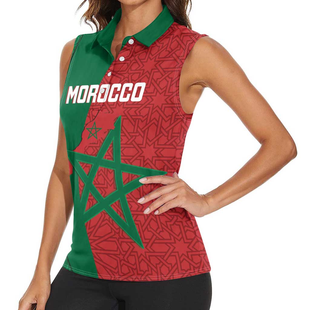 Personalised Morocco Women Sleeveless Polo Shirt Moroccan Green Star With Moorish Pattern - Wonder Print Shop