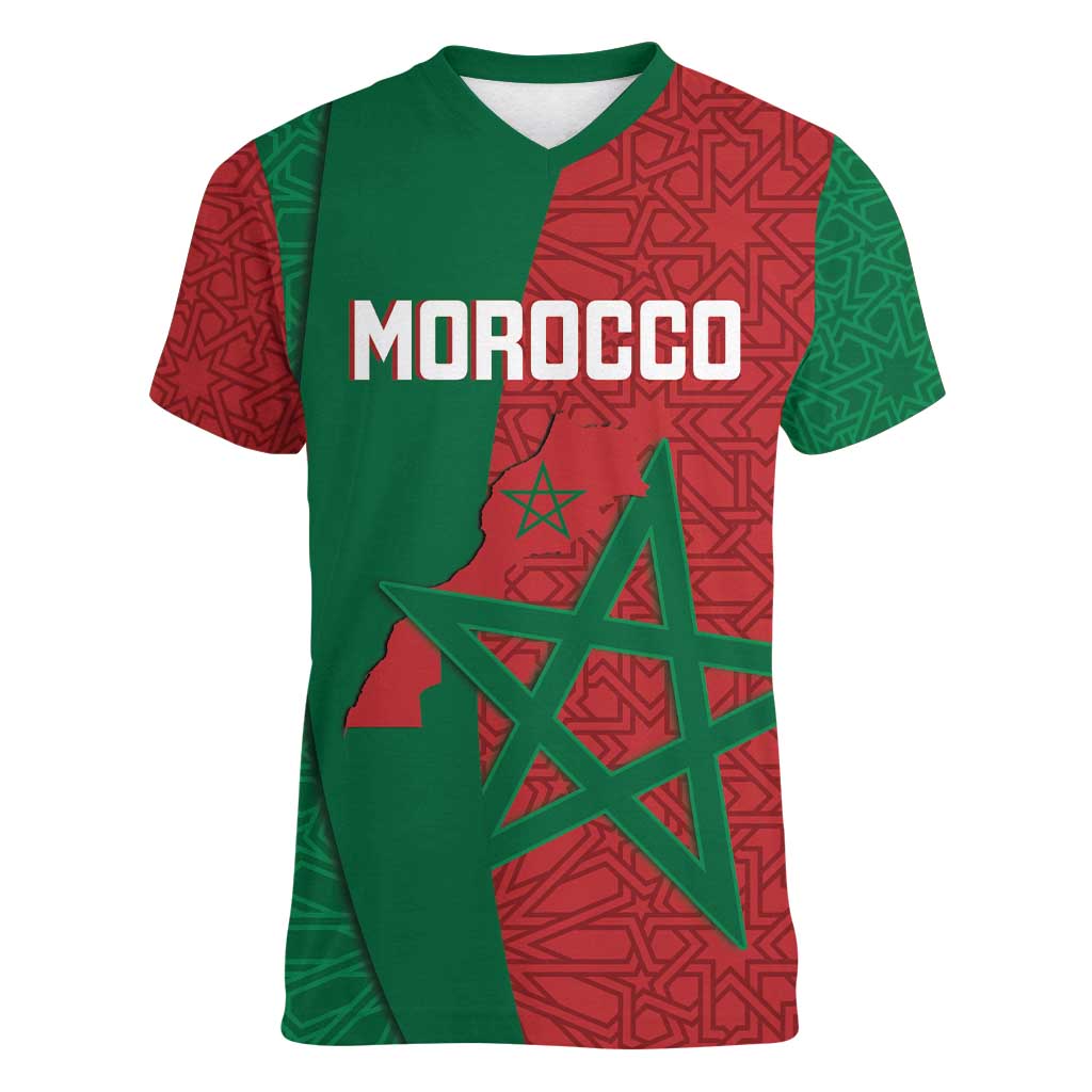 Personalised Morocco Women V-Neck T-Shirt Moroccan Green Star With Moorish Pattern - Wonder Print Shop