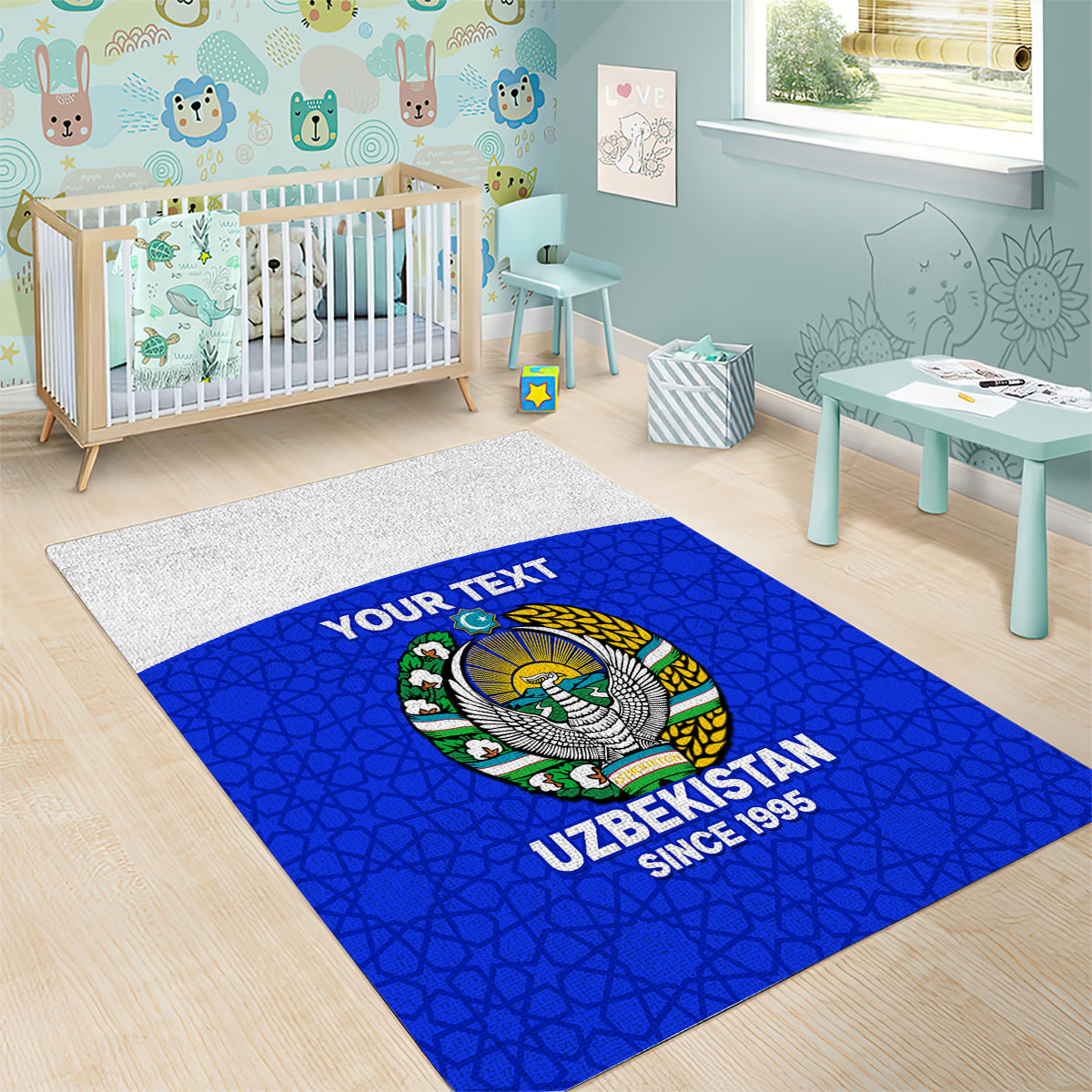 Custom Uzbekistan Football Area Rug 2024 Go Champions Uzbek Pattern - Wonder Print Shop