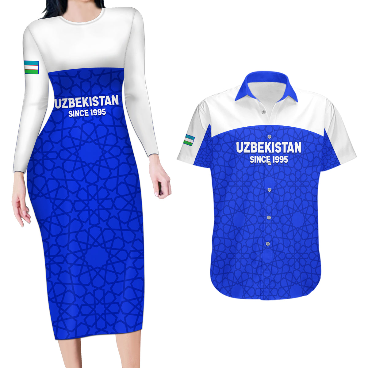 Custom Uzbekistan Football Couples Matching Long Sleeve Bodycon Dress and Hawaiian Shirt 2024 Go Champions Uzbek Pattern - Wonder Print Shop