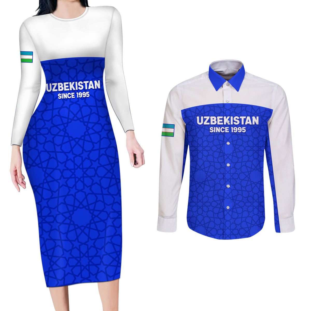 Custom Uzbekistan Football Couples Matching Long Sleeve Bodycon Dress and Long Sleeve Button Shirt 2024 Go Champions Uzbek Pattern - Wonder Print Shop
