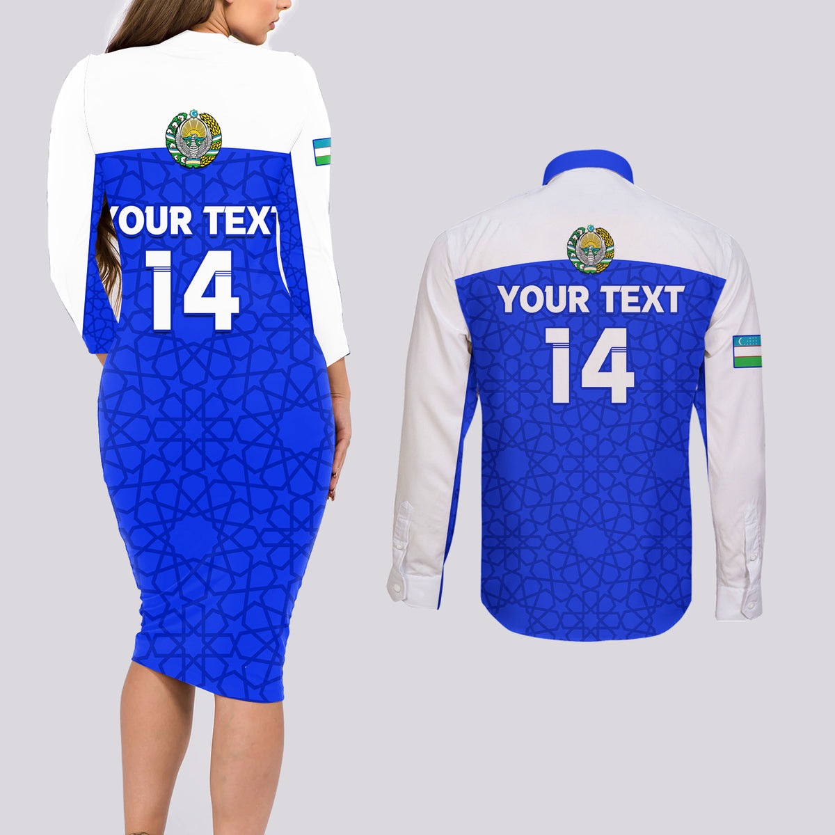 Custom Uzbekistan Football Couples Matching Long Sleeve Bodycon Dress and Long Sleeve Button Shirt 2024 Go Champions Uzbek Pattern - Wonder Print Shop