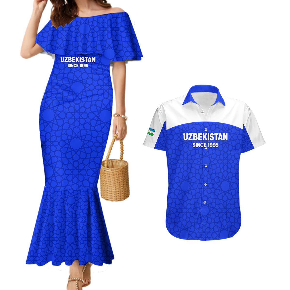 Custom Uzbekistan Football Couples Matching Mermaid Dress and Hawaiian Shirt 2024 Go Champions Uzbek Pattern - Wonder Print Shop