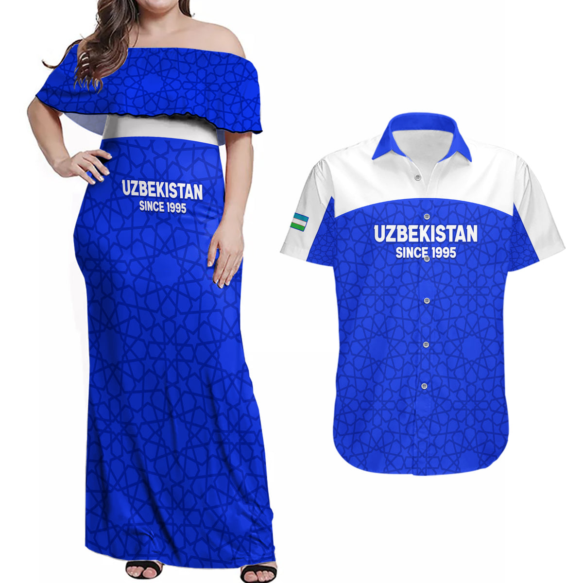 Custom Uzbekistan Football Couples Matching Off Shoulder Maxi Dress and Hawaiian Shirt 2024 Go Champions Uzbek Pattern - Wonder Print Shop