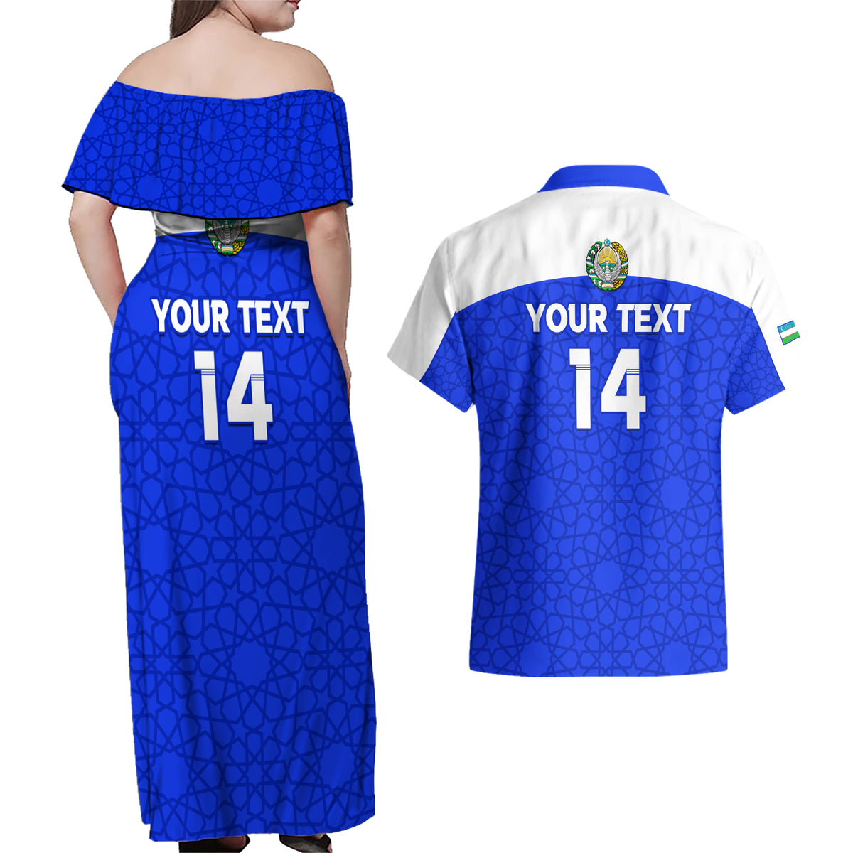 Custom Uzbekistan Football Couples Matching Off Shoulder Maxi Dress and Hawaiian Shirt 2024 Go Champions Uzbek Pattern - Wonder Print Shop