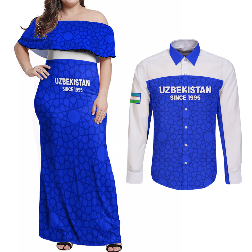 Custom Uzbekistan Football Couples Matching Off Shoulder Maxi Dress and Long Sleeve Button Shirt 2024 Go Champions Uzbek Pattern - Wonder Print Shop