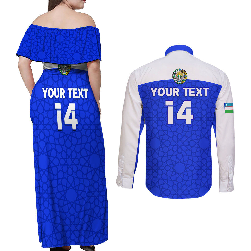 Custom Uzbekistan Football Couples Matching Off Shoulder Maxi Dress and Long Sleeve Button Shirt 2024 Go Champions Uzbek Pattern - Wonder Print Shop