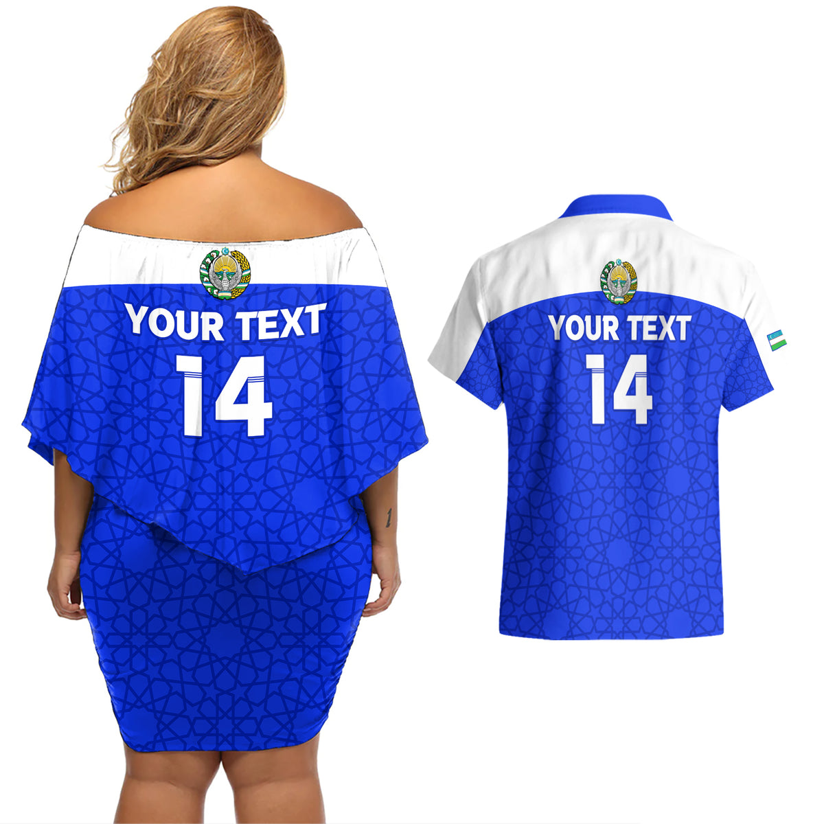 Custom Uzbekistan Football Couples Matching Off Shoulder Short Dress and Hawaiian Shirt 2024 Go Champions Uzbek Pattern - Wonder Print Shop
