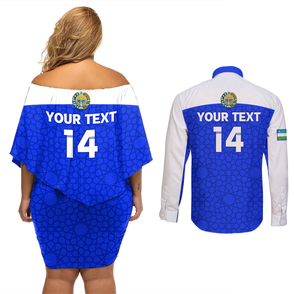 Custom Uzbekistan Football Couples Matching Off Shoulder Short Dress and Long Sleeve Button Shirt 2024 Go Champions Uzbek Pattern - Wonder Print Shop