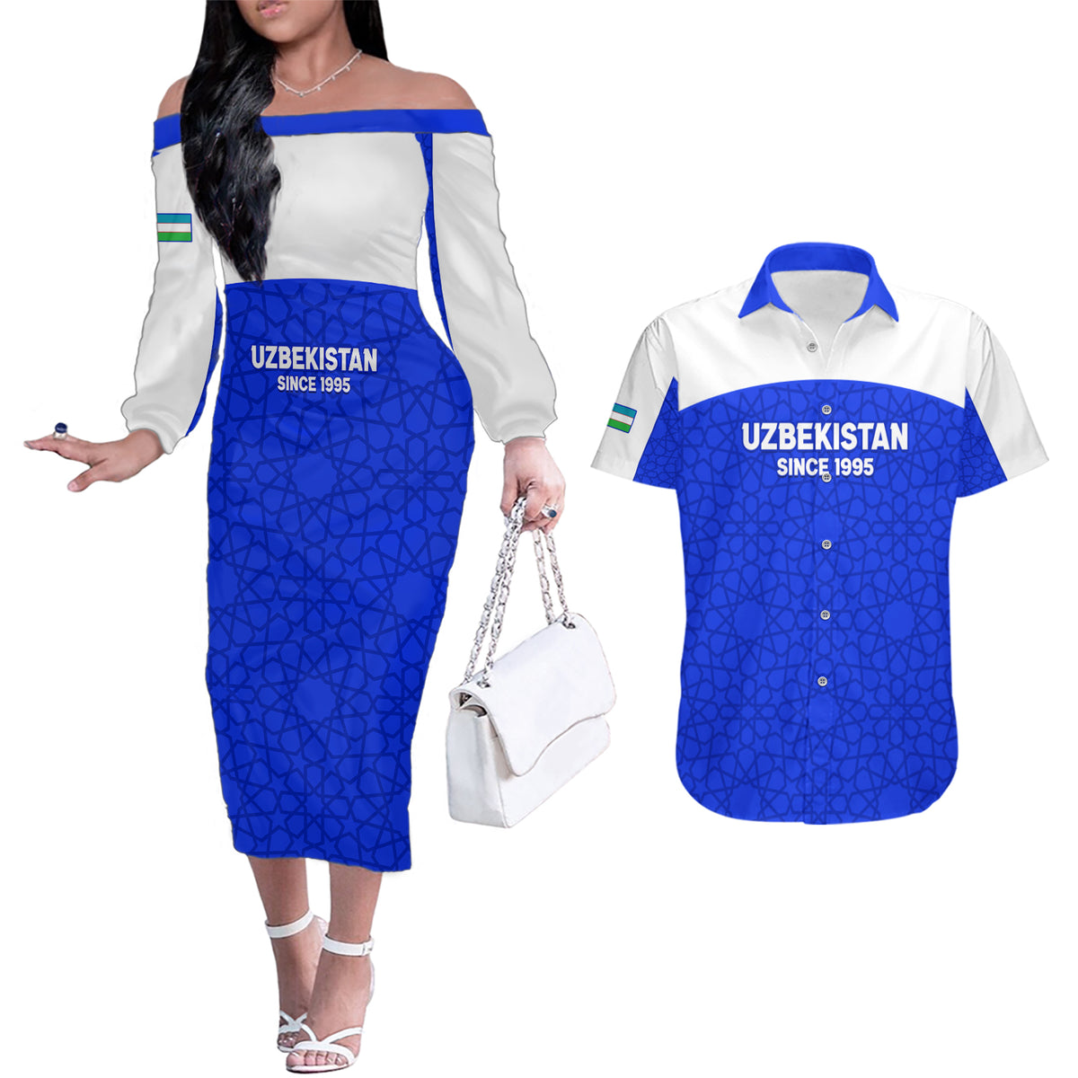 Custom Uzbekistan Football Couples Matching Off The Shoulder Long Sleeve Dress and Hawaiian Shirt 2024 Go Champions Uzbek Pattern - Wonder Print Shop