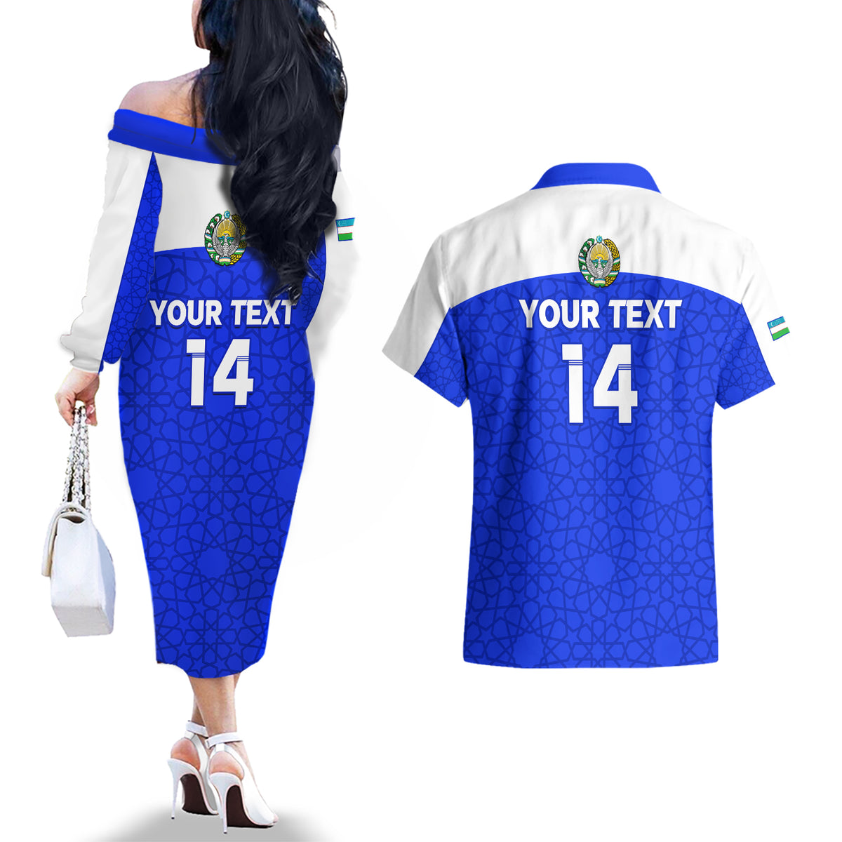 Custom Uzbekistan Football Couples Matching Off The Shoulder Long Sleeve Dress and Hawaiian Shirt 2024 Go Champions Uzbek Pattern - Wonder Print Shop