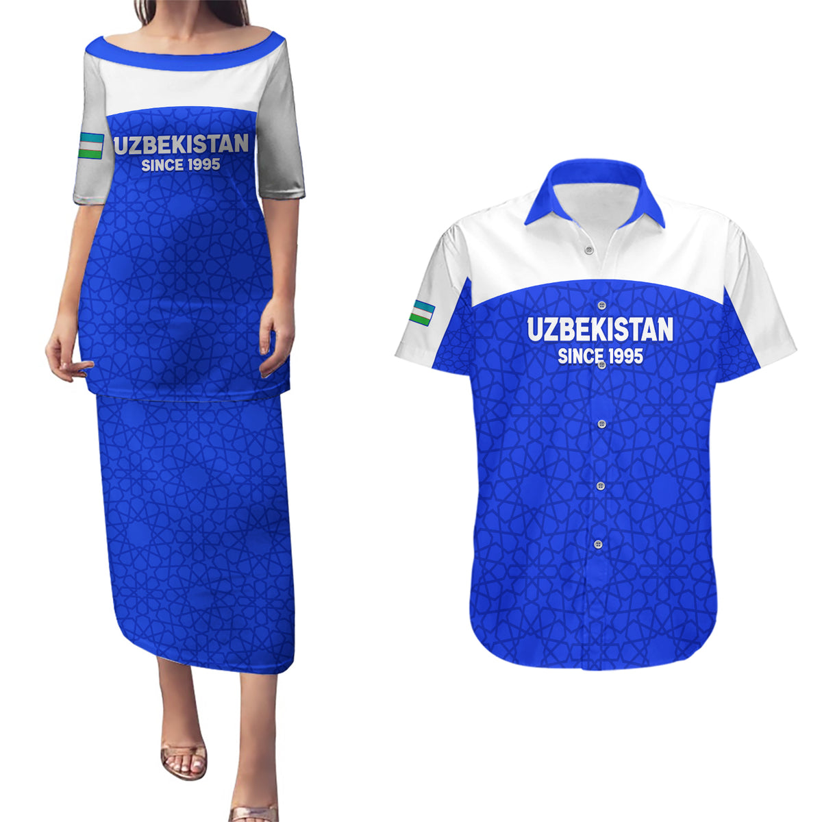 Custom Uzbekistan Football Couples Matching Puletasi and Hawaiian Shirt 2024 Go Champions Uzbek Pattern - Wonder Print Shop