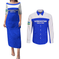 Custom Uzbekistan Football Couples Matching Puletasi and Long Sleeve Button Shirt 2024 Go Champions Uzbek Pattern - Wonder Print Shop