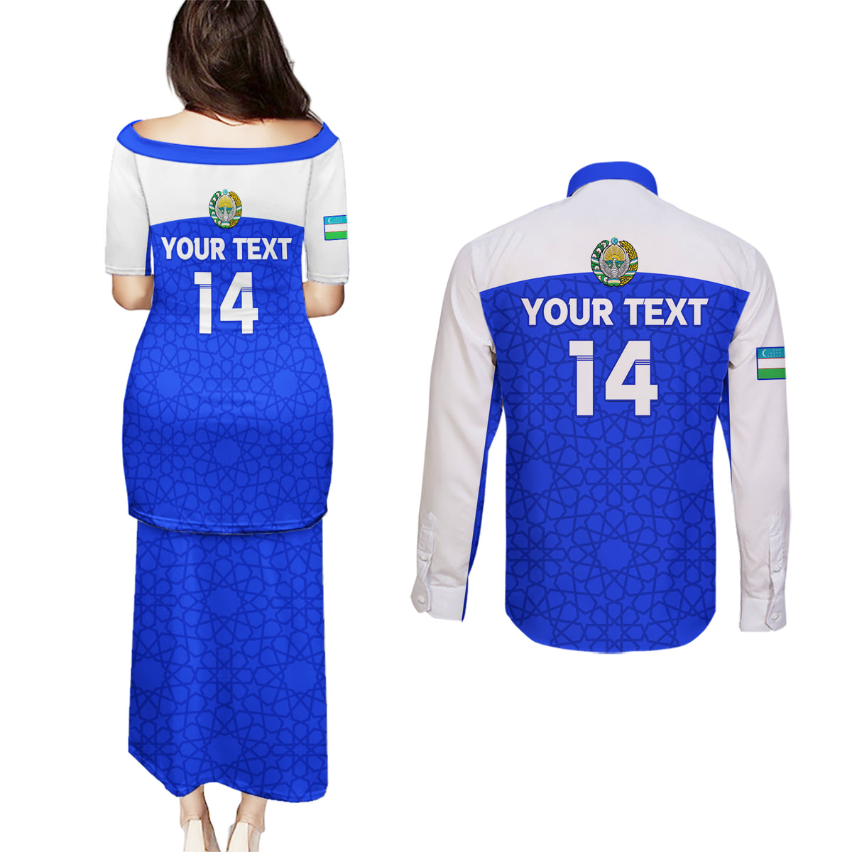 Custom Uzbekistan Football Couples Matching Puletasi and Long Sleeve Button Shirt 2024 Go Champions Uzbek Pattern - Wonder Print Shop