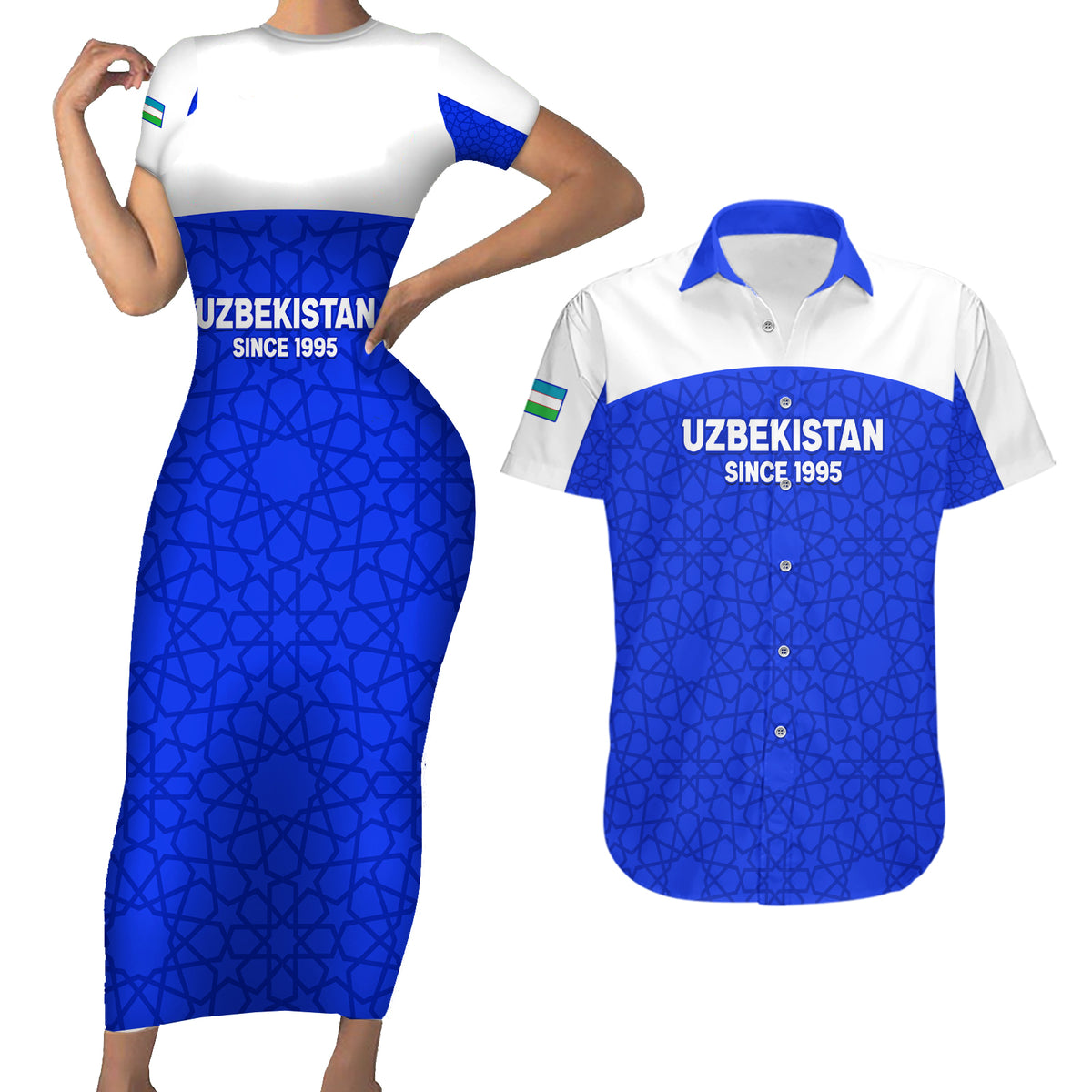 Custom Uzbekistan Football Couples Matching Short Sleeve Bodycon Dress and Hawaiian Shirt 2024 Go Champions Uzbek Pattern - Wonder Print Shop