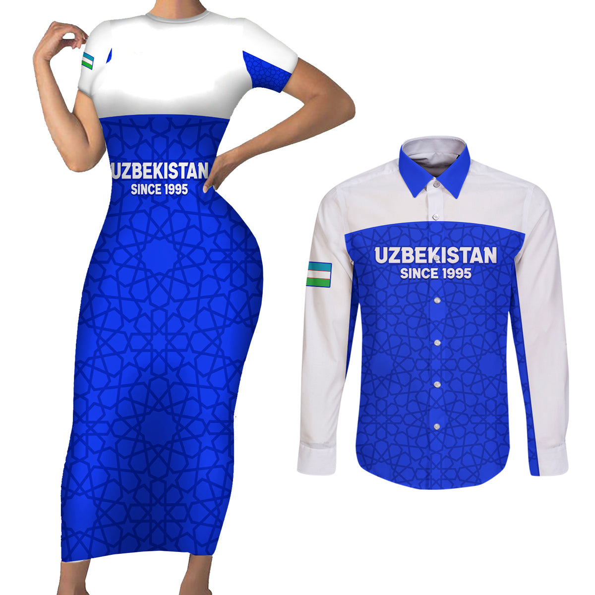 Custom Uzbekistan Football Couples Matching Short Sleeve Bodycon Dress and Long Sleeve Button Shirt 2024 Go Champions Uzbek Pattern - Wonder Print Shop
