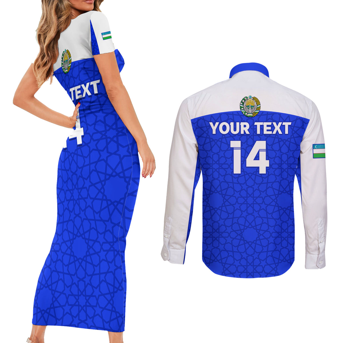 Custom Uzbekistan Football Couples Matching Short Sleeve Bodycon Dress and Long Sleeve Button Shirt 2024 Go Champions Uzbek Pattern - Wonder Print Shop