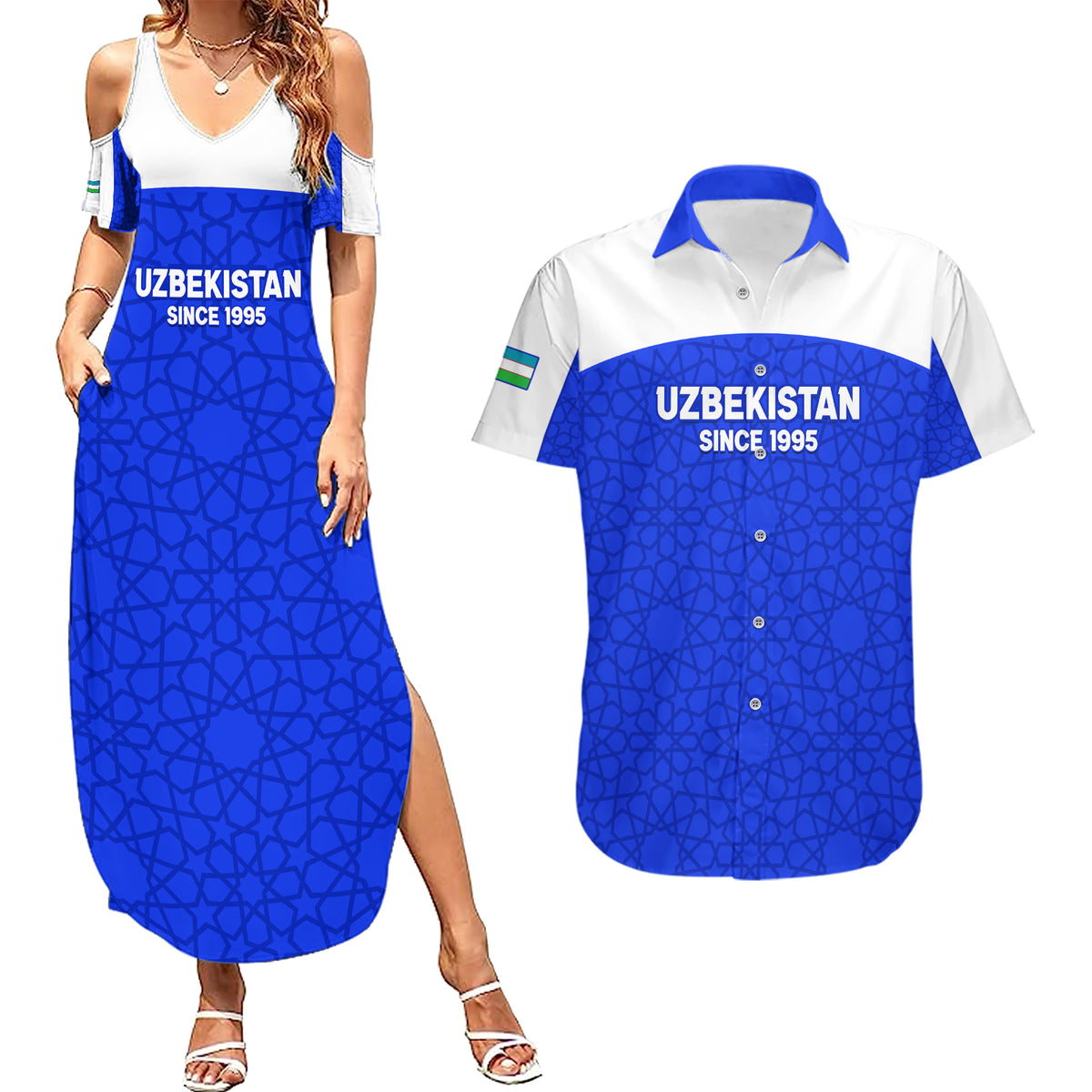 Custom Uzbekistan Football Couples Matching Summer Maxi Dress and Hawaiian Shirt 2024 Go Champions Uzbek Pattern - Wonder Print Shop