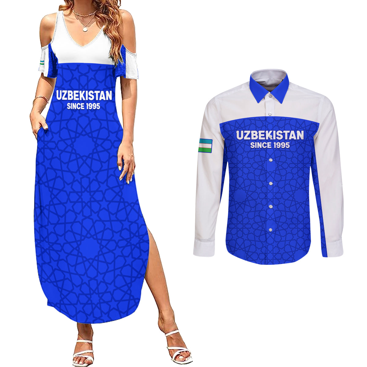Custom Uzbekistan Football Couples Matching Summer Maxi Dress and Long Sleeve Button Shirt 2024 Go Champions Uzbek Pattern - Wonder Print Shop
