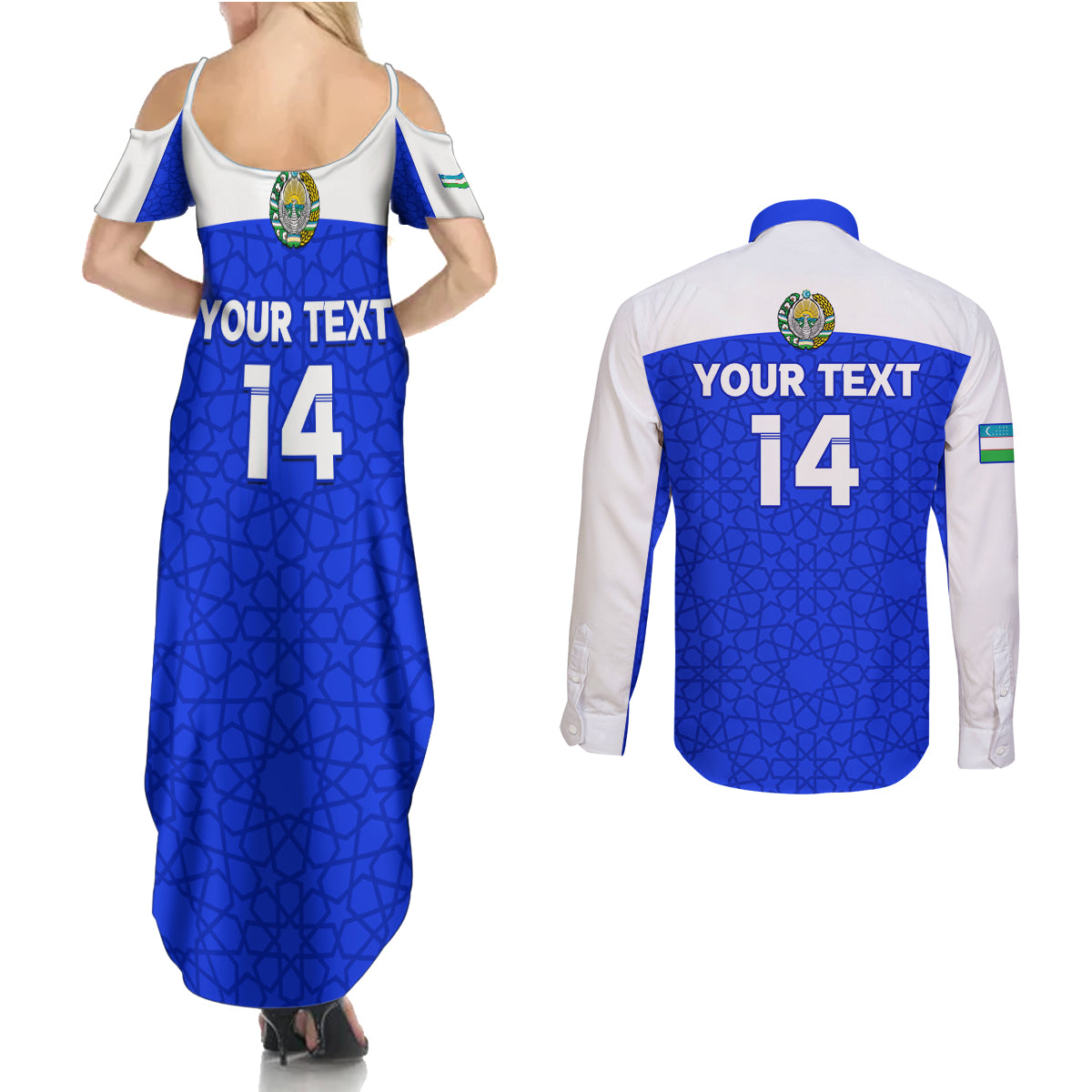 Custom Uzbekistan Football Couples Matching Summer Maxi Dress and Long Sleeve Button Shirt 2024 Go Champions Uzbek Pattern - Wonder Print Shop