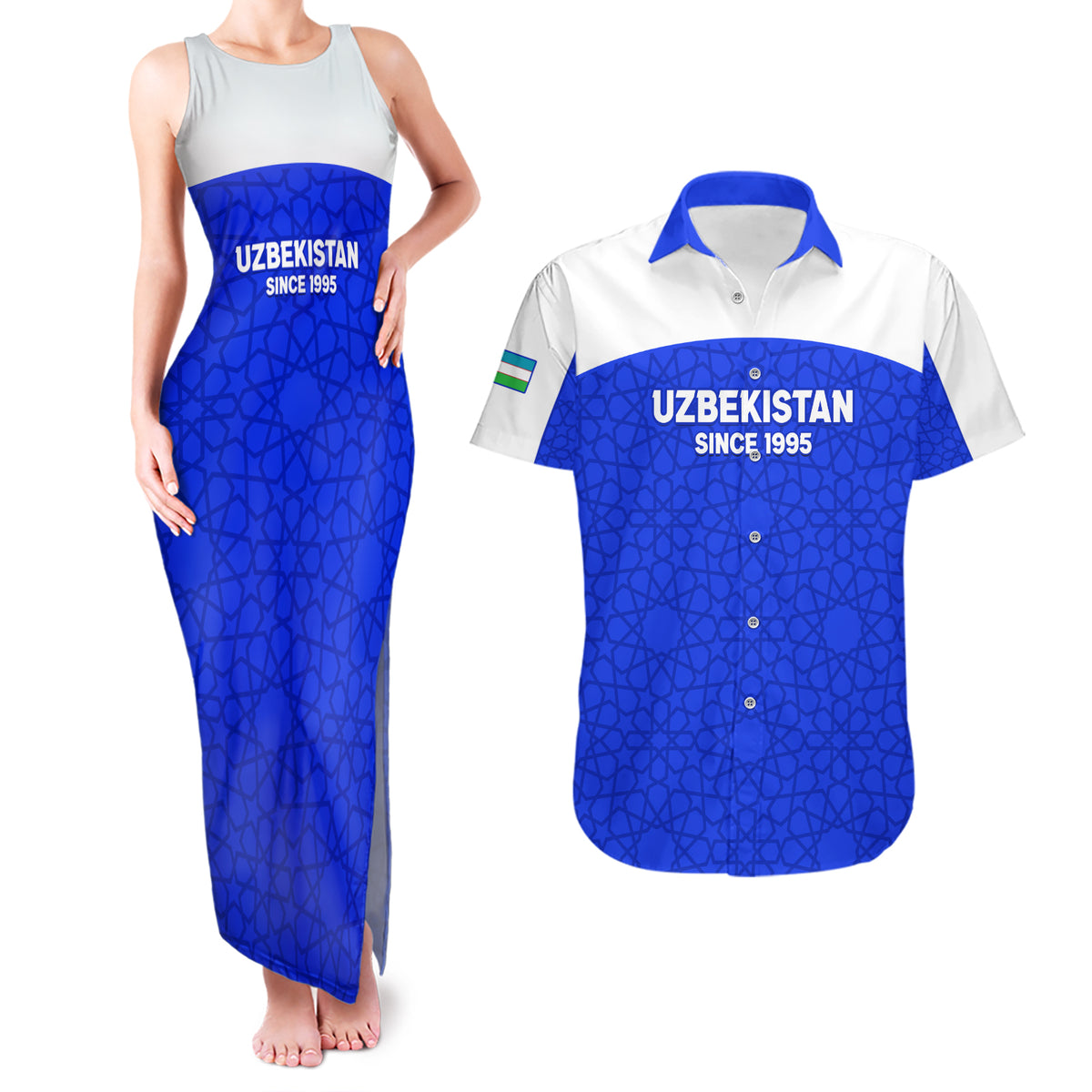 Custom Uzbekistan Football Couples Matching Tank Maxi Dress and Hawaiian Shirt 2024 Go Champions Uzbek Pattern - Wonder Print Shop