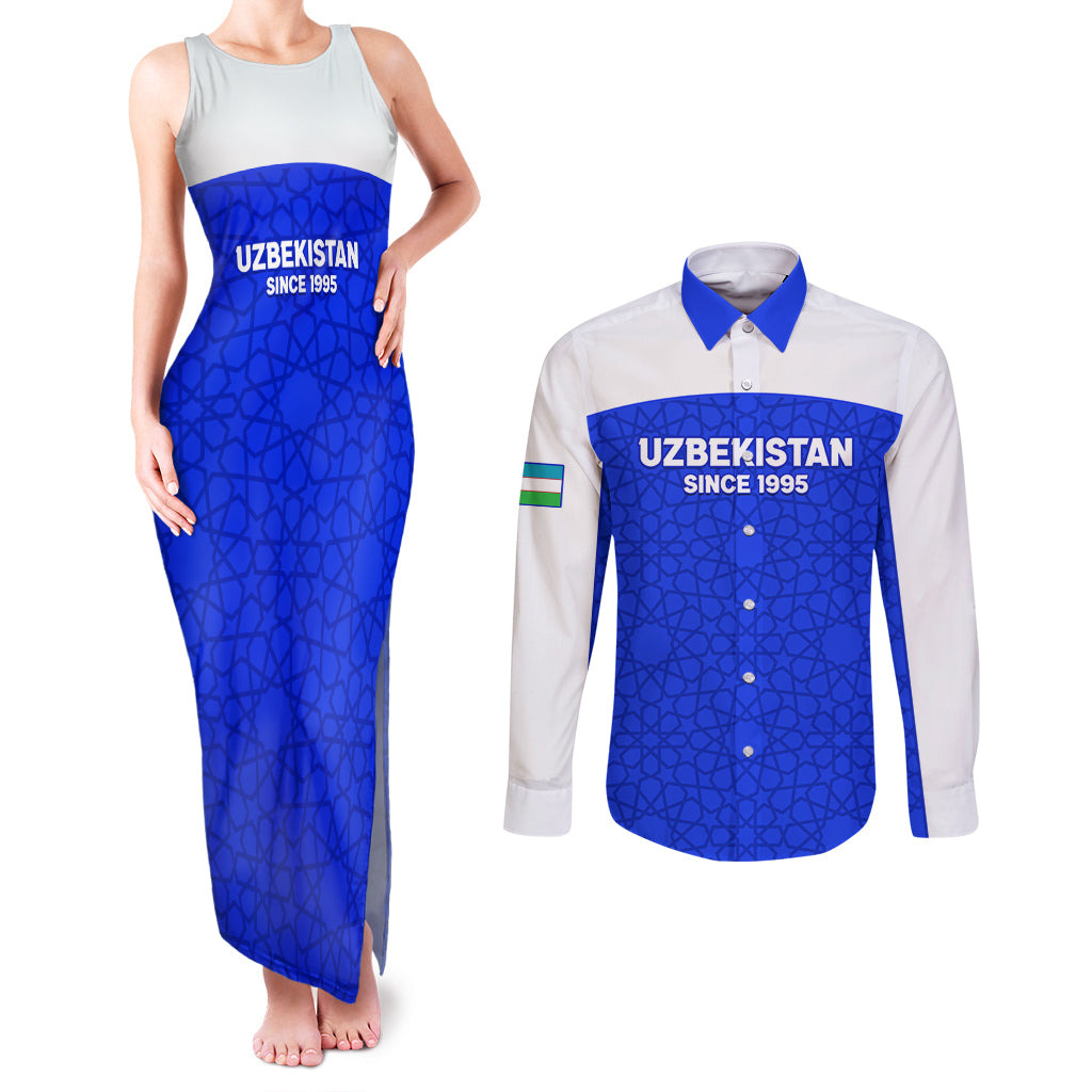 Custom Uzbekistan Football Couples Matching Tank Maxi Dress and Long Sleeve Button Shirt 2024 Go Champions Uzbek Pattern - Wonder Print Shop
