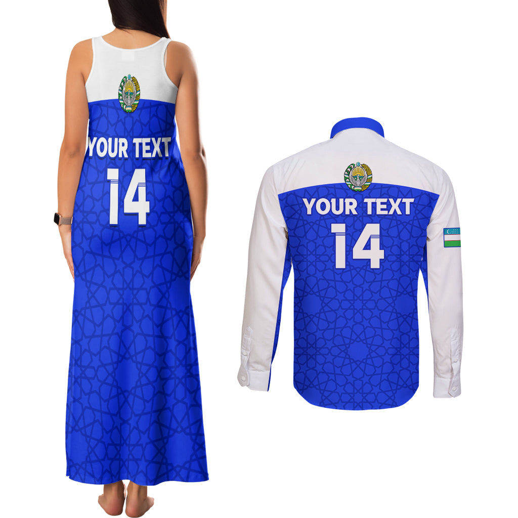 Custom Uzbekistan Football Couples Matching Tank Maxi Dress and Long Sleeve Button Shirt 2024 Go Champions Uzbek Pattern - Wonder Print Shop