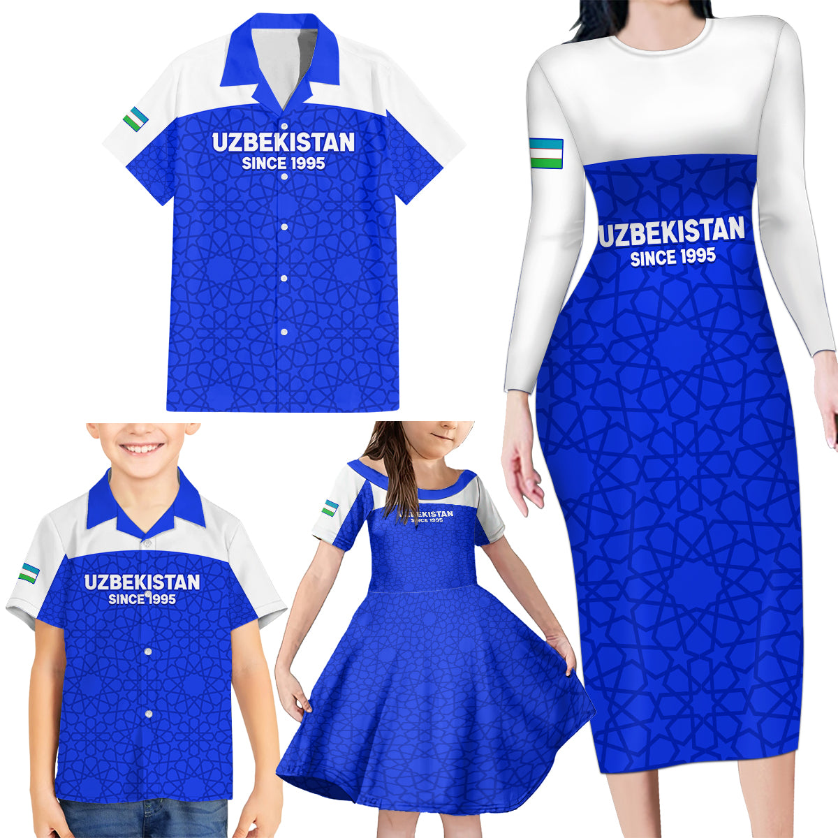 Custom Uzbekistan Football Family Matching Long Sleeve Bodycon Dress and Hawaiian Shirt 2024 Go Champions Uzbek Pattern - Wonder Print Shop
