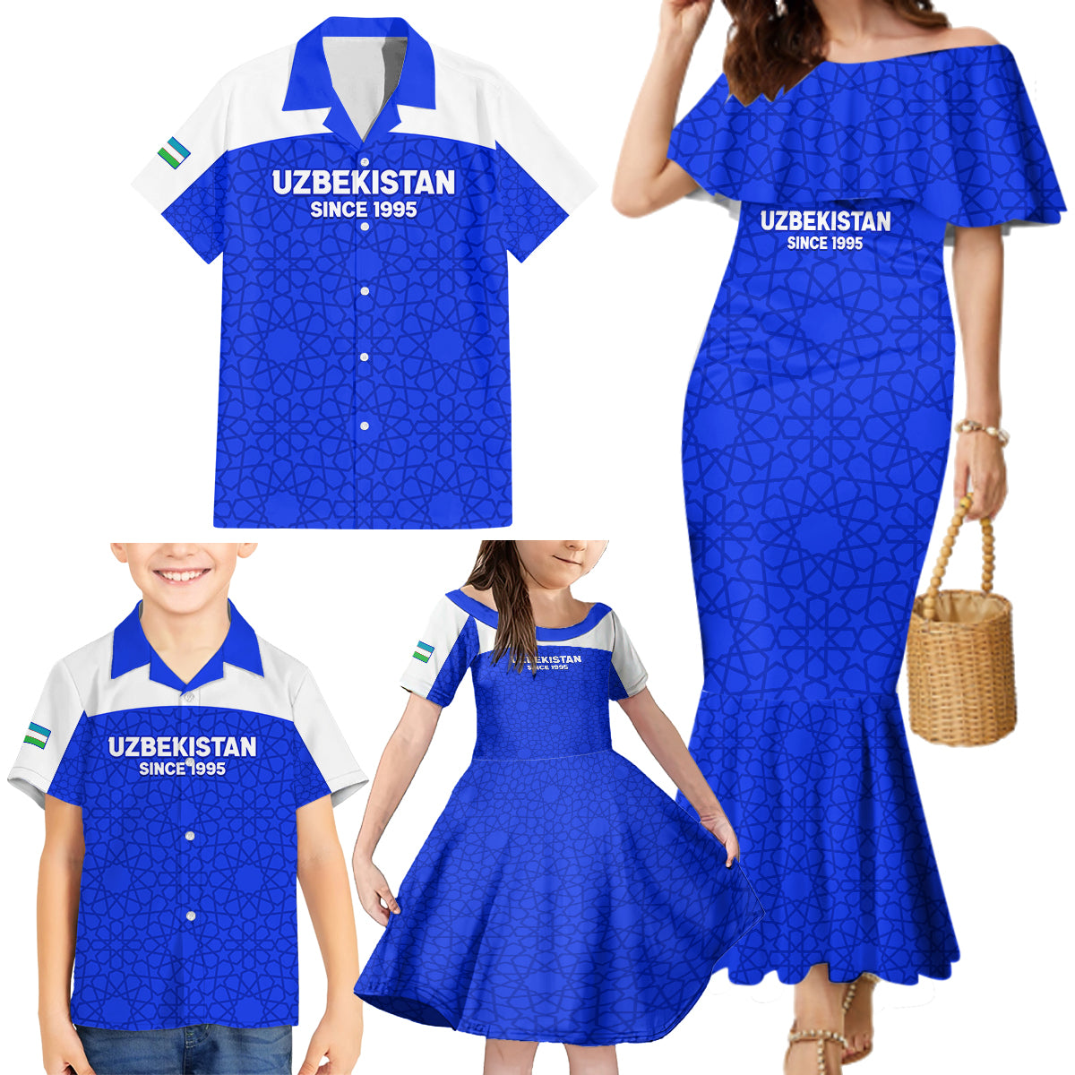 Custom Uzbekistan Football Family Matching Mermaid Dress and Hawaiian Shirt 2024 Go Champions Uzbek Pattern - Wonder Print Shop