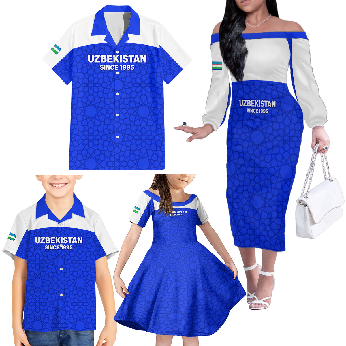 Custom Uzbekistan Football Family Matching Off Shoulder Long Sleeve Dress and Hawaiian Shirt 2024 Go Champions Uzbek Pattern - Wonder Print Shop