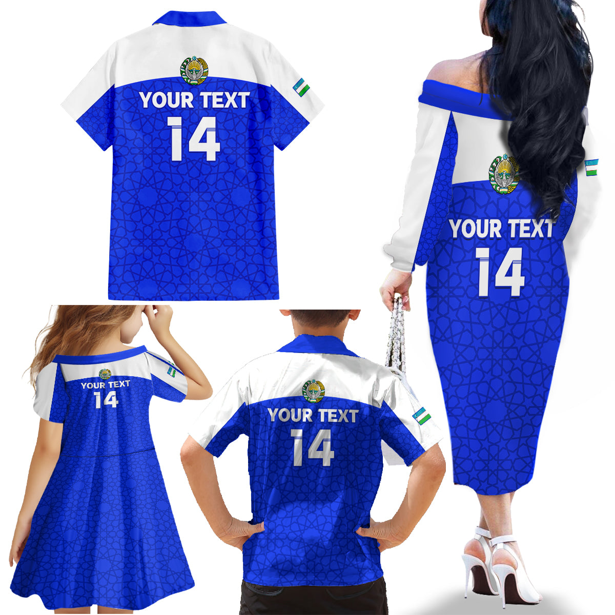 Custom Uzbekistan Football Family Matching Off Shoulder Long Sleeve Dress and Hawaiian Shirt 2024 Go Champions Uzbek Pattern - Wonder Print Shop