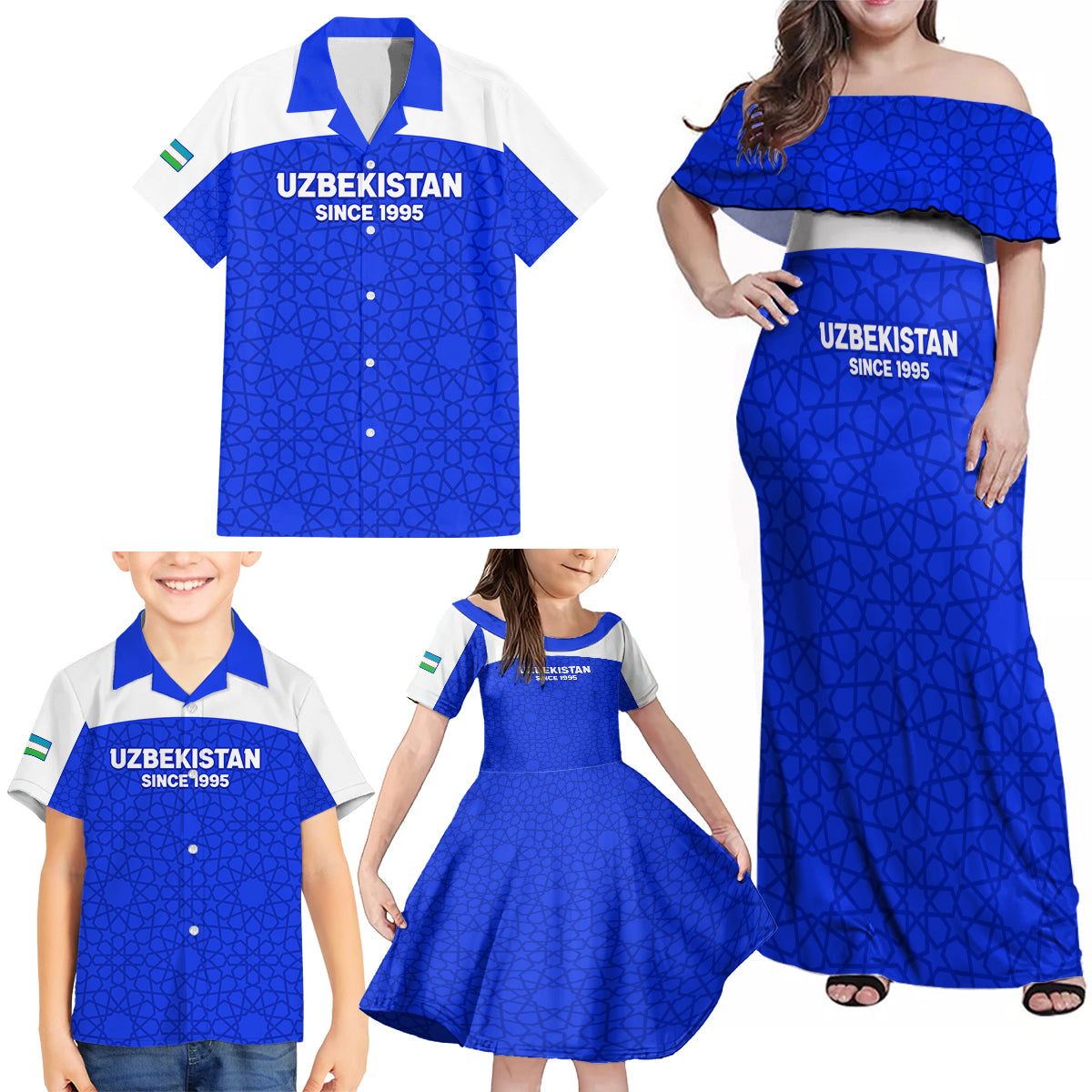 Custom Uzbekistan Football Family Matching Off Shoulder Maxi Dress and Hawaiian Shirt 2024 Go Champions Uzbek Pattern - Wonder Print Shop