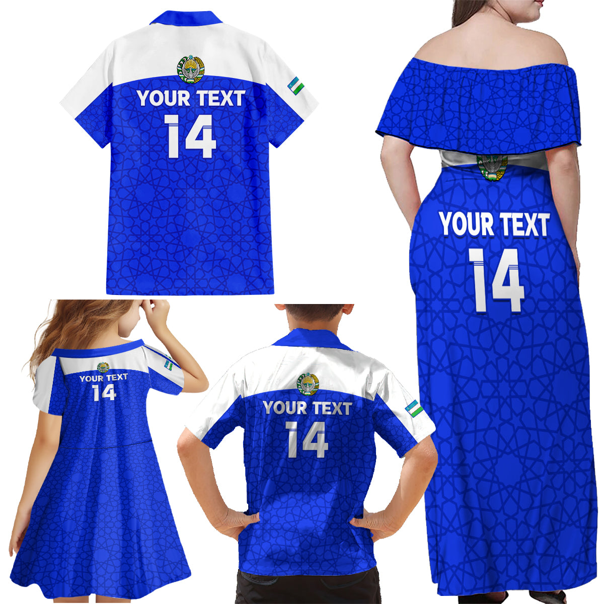 Custom Uzbekistan Football Family Matching Off Shoulder Maxi Dress and Hawaiian Shirt 2024 Go Champions Uzbek Pattern - Wonder Print Shop