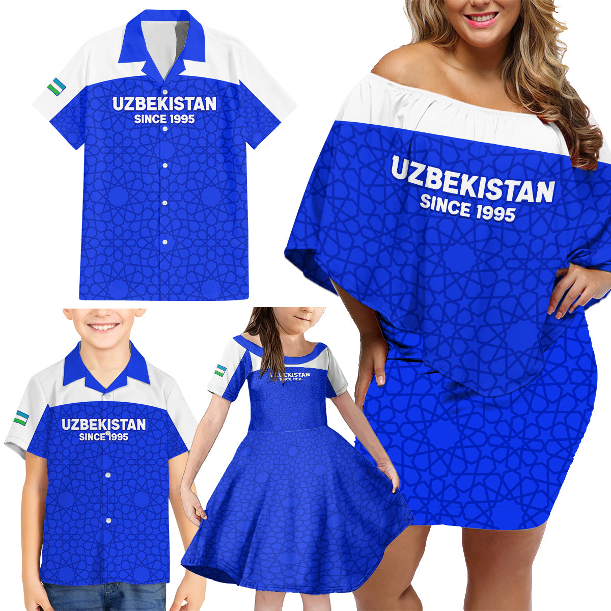 Custom Uzbekistan Football Family Matching Off Shoulder Short Dress and Hawaiian Shirt 2024 Go Champions Uzbek Pattern - Wonder Print Shop