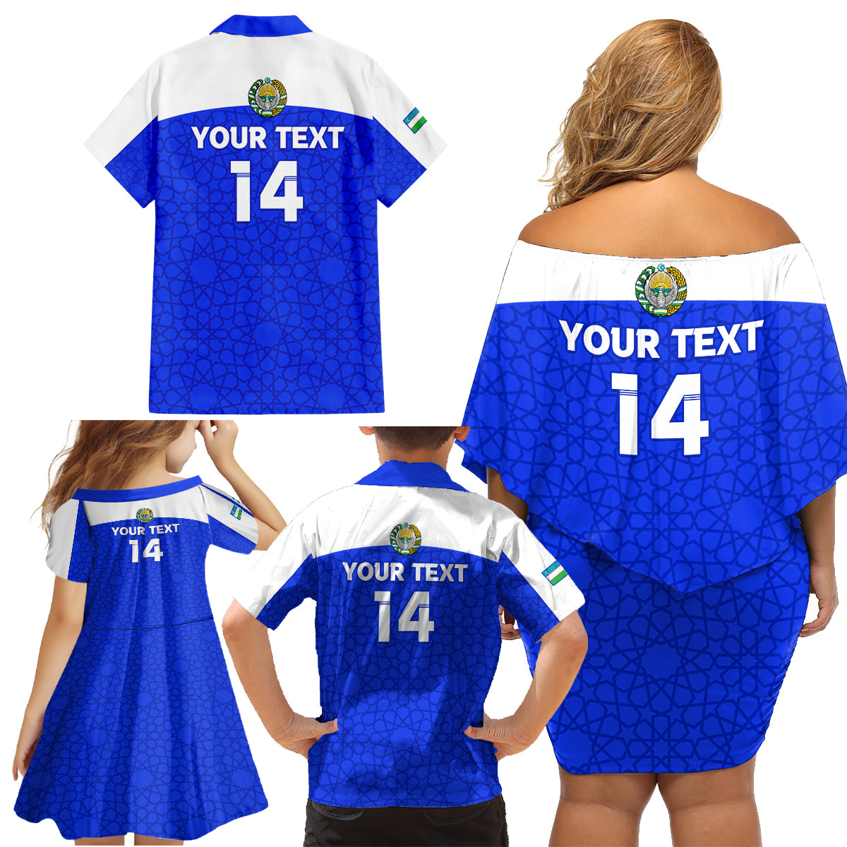 Custom Uzbekistan Football Family Matching Off Shoulder Short Dress and Hawaiian Shirt 2024 Go Champions Uzbek Pattern - Wonder Print Shop