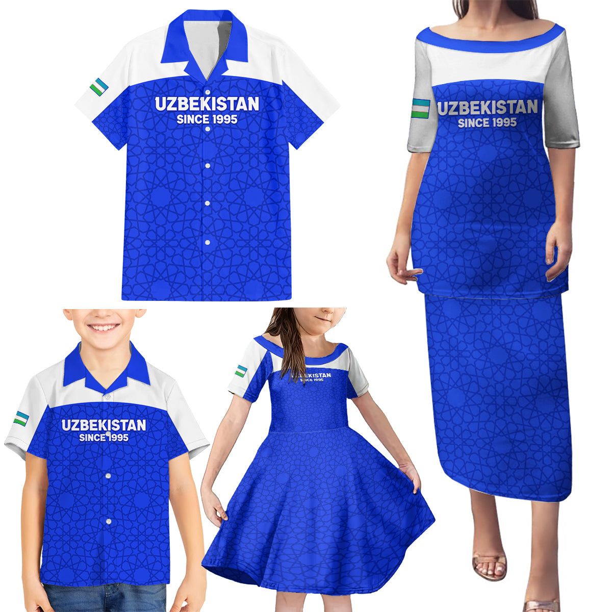 Custom Uzbekistan Football Family Matching Puletasi and Hawaiian Shirt 2024 Go Champions Uzbek Pattern - Wonder Print Shop
